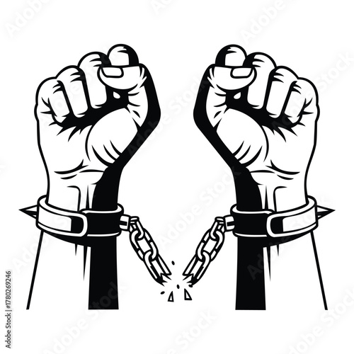 Broken chains and raised fists symbolizing freedom and liberation vector illustration human rights