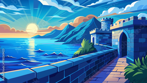 Breathtaking view of the calm blue sea seen from the ancient stone walls of a seaside castle, sunlight shimmering on gentle waves, evoking peace, history, and timeless coastal beauty