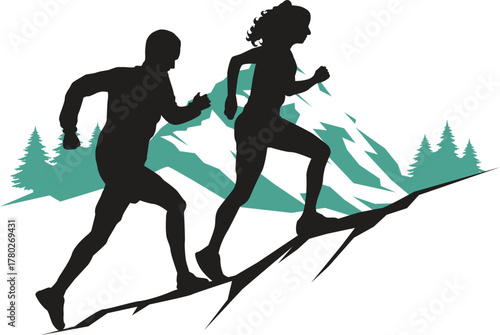 Minimalist Man and Woman Trail Running Silhouette on White Background 