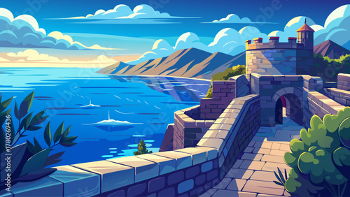 Breathtaking view of the calm blue sea seen from the ancient stone walls of a seaside castle, sunlight shimmering on gentle waves, evoking peace, history, and timeless coastal beauty