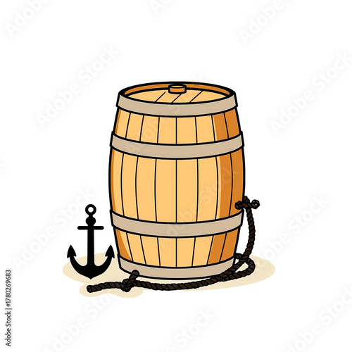 Pirate's treasure or a sailor's ration? A classic cartoon illustration of a wooden barrel, complete with a length of rope and a sturdy nautical anchor