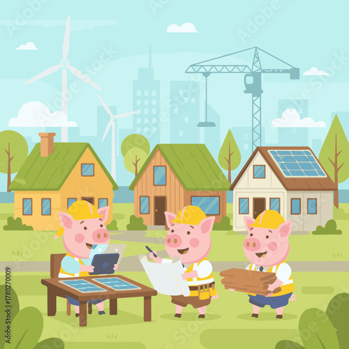 Three Little Pigs as Architects

Flat vector of three pigs wearing hard hats, holding blueprints, and building eco-friendly houses, bright cheerful mood, modern construction site with clean shapes, ve