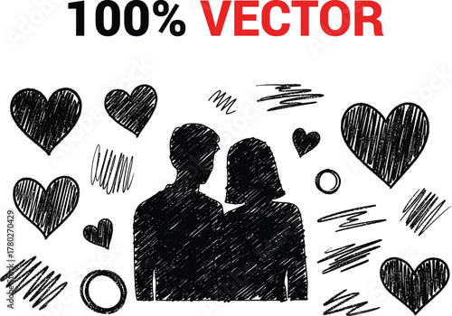 Romantic silhouette of a couple embracing surrounded by hand drawn hearts and scribbles