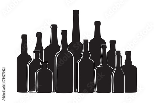 Collection of black silhouette bottles on white background glass container