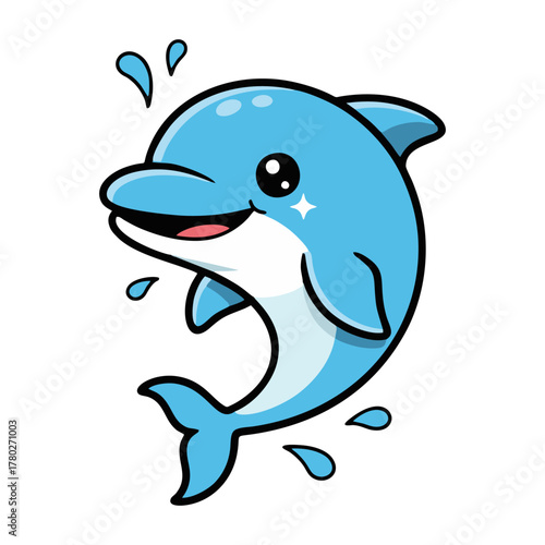 Cartoon illustration of a cute, smiling blue dolphin with water droplets around it.