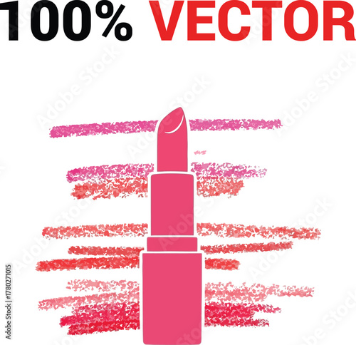 Modern illustration of a pink lipstick tube standing upright with colorful swatches of lipstick behind it