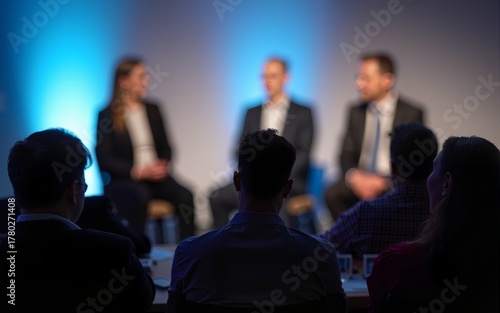 Executive Panel Discussion - Panelists at a business event with a blurred audience in the background. High quality