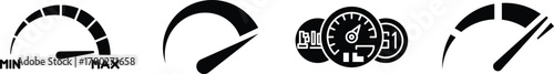 Speedometer icon Speedometer, tachometer icon, gauge meter, dashboard elements for automotive, speed measurement. Vector set for car speed, fuel, RPM, tachometer. Black speed dials.
