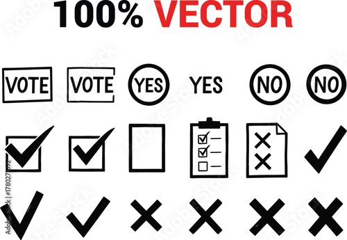 Hand drawn voting symbols including vote boxes yes and no circles checkmarks and crosses on a white background