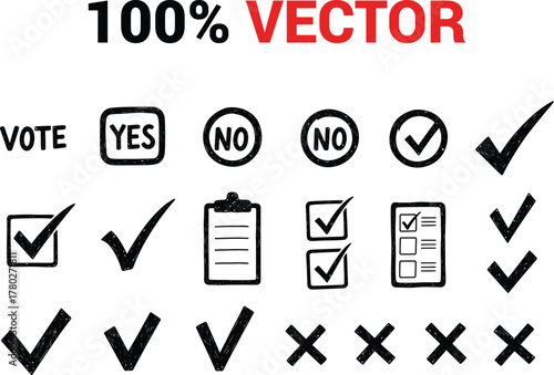 Hand drawn collection of voting symbols including yes no checkmarks and crosses on white background