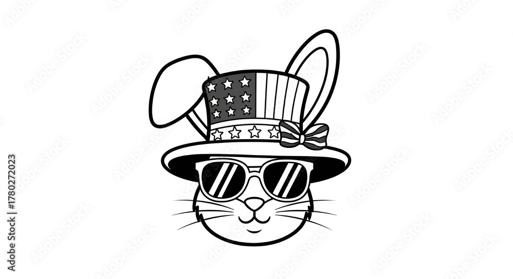Fototapeta premium Rabbit head wearing sunglasses and a hat with the american flag isolated on white background