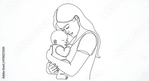 Mother holding her baby in continuous line drawing isolated on white background