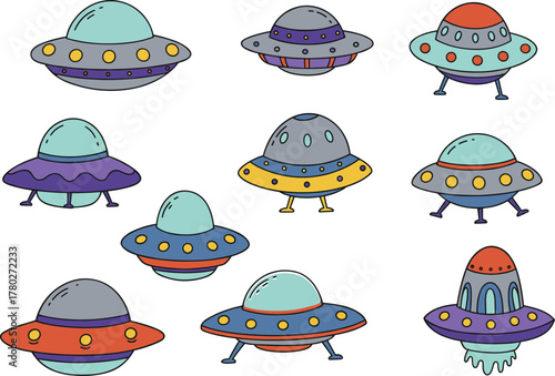 Cartoon UFO set, colorful flying saucers, alien spaceships, sci fi illustration, extraterrestrial craft, fantasy design, whimsical space icons