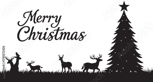 Merry Christmas silhouette with deer and decorated tree on white background christmas tree reindeer