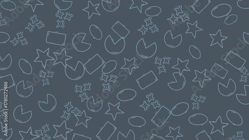 Pattern featuring various geometric shapes like stars, circles, rectangles, and abstract forms  ideal for backgrounds, textures, and decorative designs.