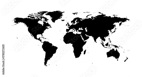 Striking black world map silhouette provides a powerful global perspective for business, travel, and educational concepts, ready for your design.