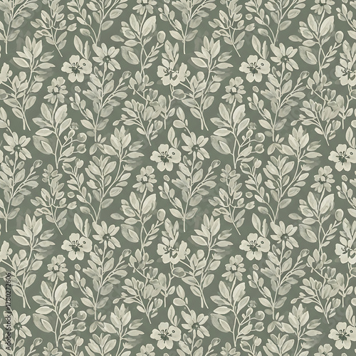 Watercolor floral pattern of hand-painted wildflowers and sprawling leaves tied with a sheer ribbon on a bright white silk background, created for wallpaper and fabric, illuminated with diffused	