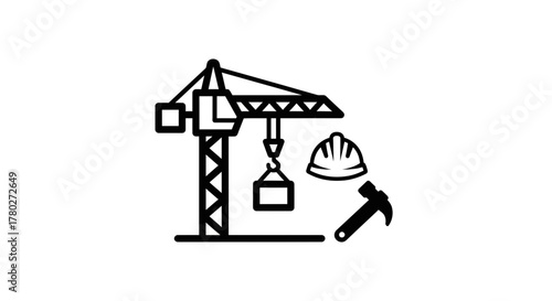 Towering crane lifts building materials beside hard hat and hammer symbolizing construction industry growth and development projects