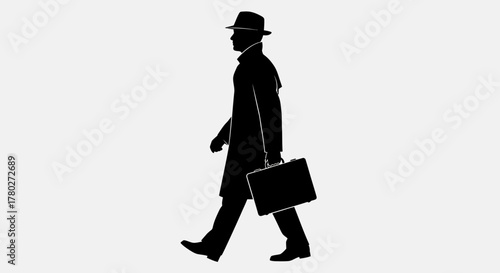 Confident businessman strides purposefully carrying briefcase, embodying professional ambition and forward momentum in a classic silhouette.