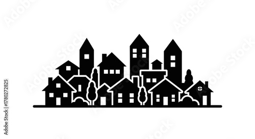 Charming silhouette of a diverse neighborhood with varied homes and trees creating a welcoming community vibe for urban planning or real estate