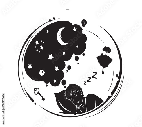 Sleeping person dreaming of a fantasy world with moon and stars woman child