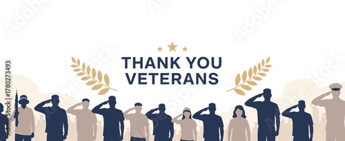 Silhouettes of diverse people saluting in gratitude for veterans  