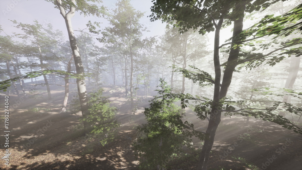 Naklejka premium On a calm morning, soft sunlight breaks through the mist, illuminating a tranquil forest. Leaves rustle gently while nature awakens, creating a peaceful atmosphere for exploration.