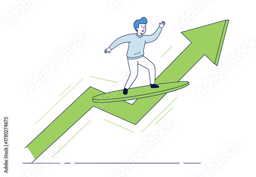 Illustration of a man surfing on a green upward arrow, symbolizing business growth, financial success, and market progress or increasing trends.
