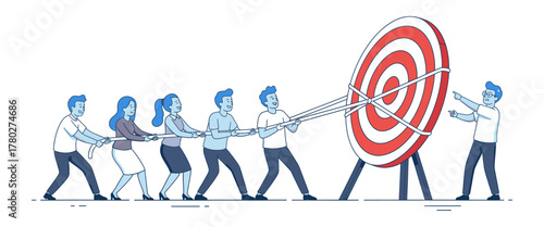 Collaborative Team Pulling a Target Towards Success, Business Strategy and Goal Achievement Concept