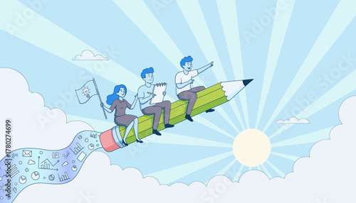 Creative Team Flying on a Giant Pencil Towards Business Growth and Innovation. A Collaborative Journey of Idea Generation, Project Development, and Strategic Vision.