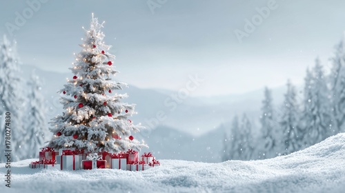 A breathtaking, super realistic panoramic photograph of a stunning, gorgeous elegant Christmas tree, resplendently decorated and standing majestically amidst a pristine snow background. 