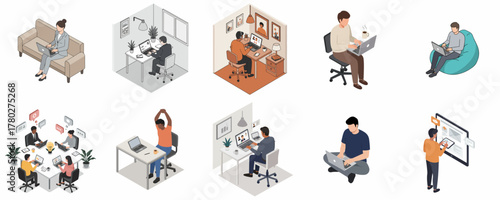 Isometric Style Set of People Working from Home Illustration with Variety