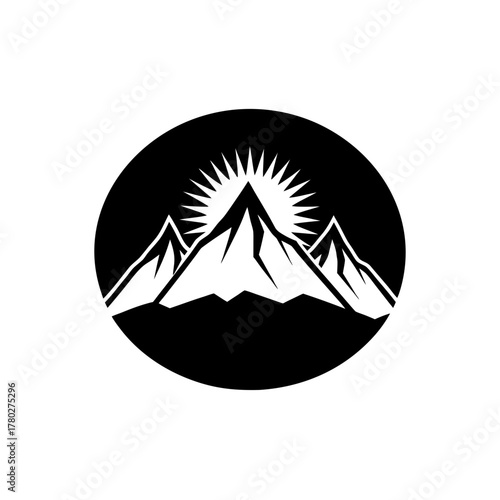 Mountains with sun in black and white on transparent background silhouette