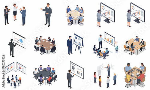 Isometric Detailed Business Meeting and Presentation People Group Illustration
