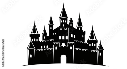 Foto Majestic black castle silhouette with imposing towers and crenellated walls evok