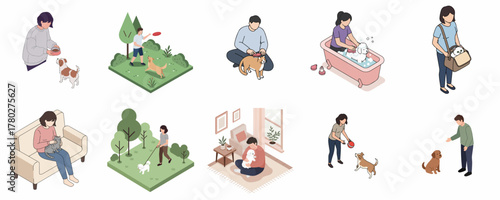 Isometric Handdrawn People with Dog Doing Activity Illustration Collection