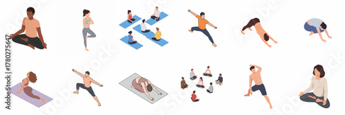Isometric Simplified Diverse Group Yoga Poses and Meditation Illustration Set