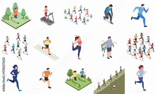 Isometric Detailed Running and Jogging People Various Styles Athlete Illustration