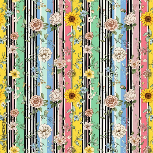 Watercolor floral pattern of hand-painted wildflowers and sprawling leaves tied with a sheer ribbon on a bright white silk background, created for wallpaper and fabric, illuminated with diffused	