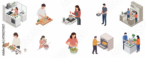 Isometric Illustration of People Cooking and Preparing Food in the Kitchen