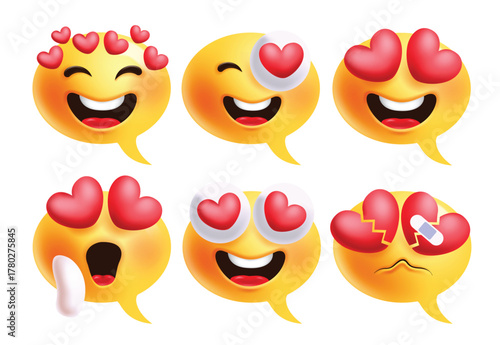 Emoji in love clipart set. Emojis in love, I like you, heart and broken heartache clip art in happy, laugh, tense, cute and sad facial expression emoticon design collection vector illustration.
