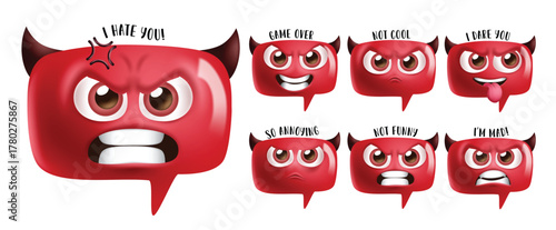Emoji mad emoticon clipart set. Emojis red speech bubble icon clip art in mad, angry, rage, unhappy, disappointed, annoyed and shame face collection with chat emoji text vector illustration.
