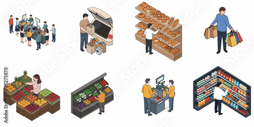 Isometric Minimalist Supermarket Activity and People Buying Food Illustration Set