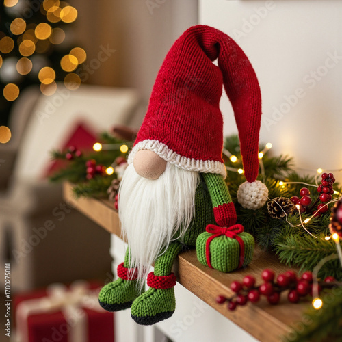Wallpaper Mural Cute Christmas Gnome with Red Hat and Gift Box, Festive Holiday Decor on Shelf with Greenery and Lights for Cozy Winter and Christmas Celebrations Torontodigital.ca