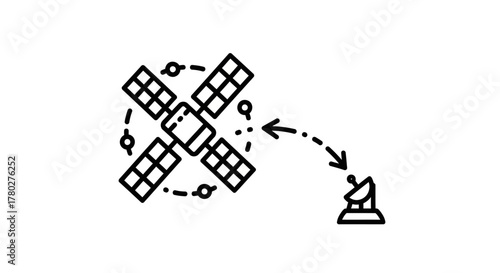 Satellite communication icon vector line drawing of a space satellite transmitting data to an antenna isolated on white
