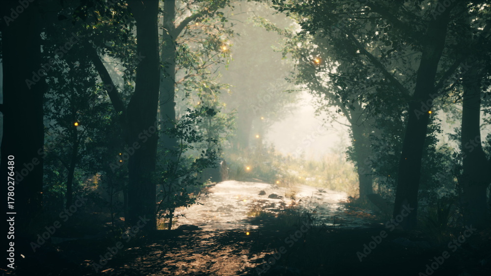 Obraz premium A serene forest pathway is softly illuminated by glowing lights as twilight descends. Lush trees line the path, creating a magical atmosphere filled with tranquility and wonder.
