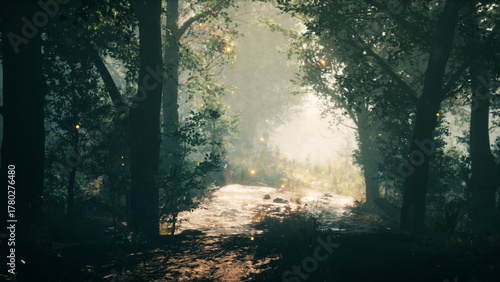 A serene forest pathway is softly illuminated by glowing lights as twilight descends. Lush trees line the path, creating a magical atmosphere filled with tranquility and wonder.