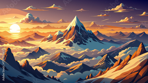 Breathtaking panoramic view from the top of a snowy mountain peak, endless clouds and distant valleys below, glowing under warm sunrise light, evoking freedom, strength, and awe