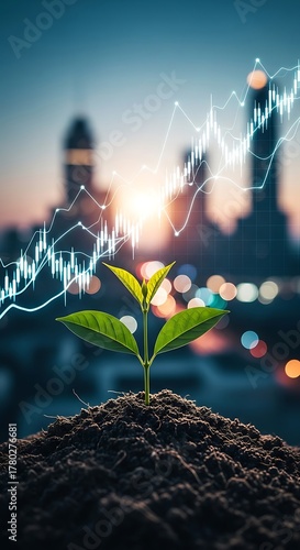 Fototapeta Naklejka Na Ścianę i Meble -  A young plant sprouts from the soil, symbolizing growth and financial success with a rising stock market graph in the background