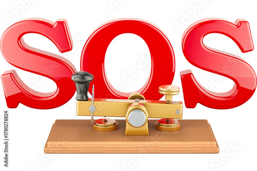 Telegraph, morse code telegraphy device. SOS message, transparent background